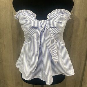 New Shein Fashions Blue & White Striped Strapless Flared Crop Top Women's Size S
